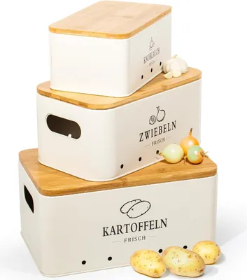 Obrázek produktu pro Dóza na brambory, sada 3 kusů, kuchyňské skladování brambor, cibule a česneku, vydrží déle čerstvé (matně béžová)