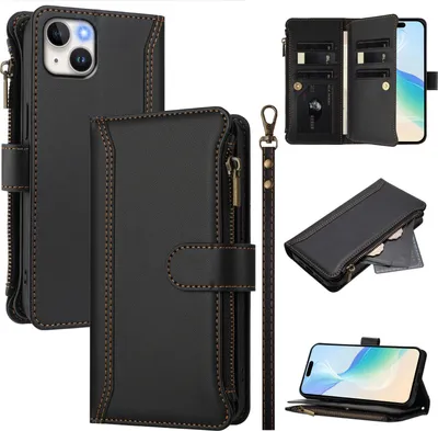 Obrázek produktu pro Pouzdro pro iPhone 15 Plus, zipem, peněženkovéPolyuretankožené flip pouzdro s kapsami na karty, stojánkem a poutkem na ruku černý
