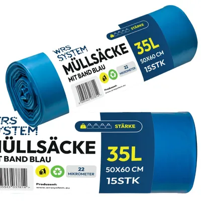 Produktbild von WRS System Müllsäcke mit Zugband 35L 15 Stk. Hochleistungs-Müllbeutel - Blau Mülltüte - Papier, Zeitungen, Karton, Verpackungen