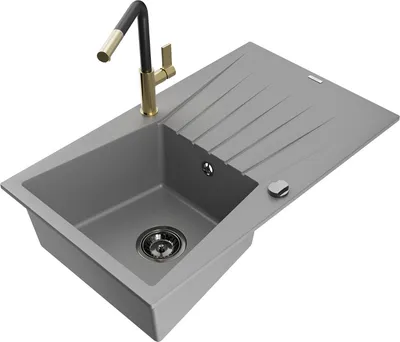 Produktbild von Mexen Cesar 1 Becken-Granitspüle mit Abtropffläche und Mischbatterie Flora, Grau - 6514-71-670401-57-B