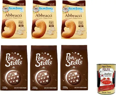 Produktbild von Testpaket Mulino Bianco Abbracci und Pan di stelle Shortbread-Kekse mit Kakao und frischer Sahne, ohne Palmöl, geschmacksintensives Frühstück 6x 350 g + Italian gourmet polpa 400g