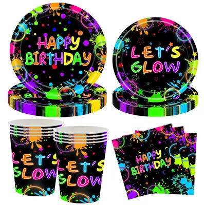 Produktbild von Happy Birthday Neon Party Geschirr Set für 10 Gäste - Bunte Dekoration