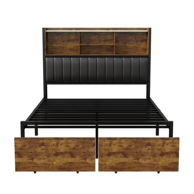 Zdjęcie produktu dla Łóżko metalowe Fortuna Lai 160x200cm z LED, USB i szufladami, łóżko z zagłówkiem, czarne