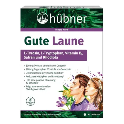 Produktbild von Hübner Gute Laune | 30 Tabletten | L‑Tyrosin, L‑Tryptophan, Vitamin B6, Safran & Rhodiola