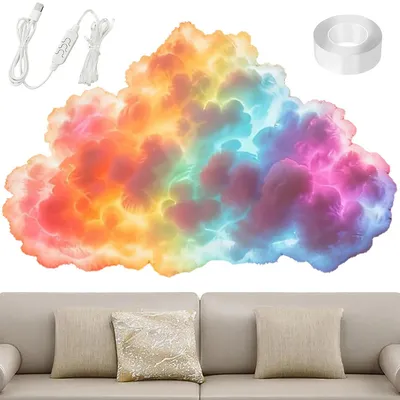 A colorful cloud-shaped LED light is displayed above a sofa with pillows, suggesting it's a decorative item for a living space. Accessories like a USB cable and tape are also shown.