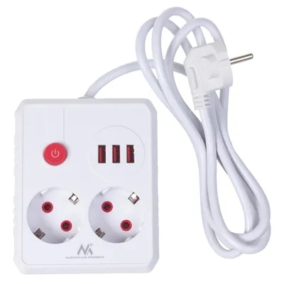 A white power strip with two universal outlets and three USB ports, connected to a white power cord with a European plug.