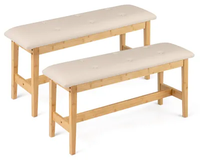 Image de COSTWAY Banc rembourré en bambou de 100 cm, banc avec assise rembourrée, surface en cuir synthétique et couche de mousse élastique, banc à chaussures, banc de lit