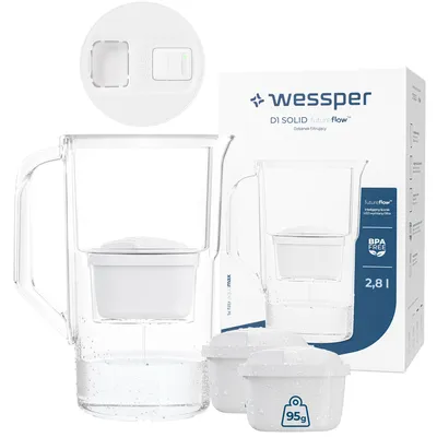 Obrázek produktu pro Filtrační konvice Wessper o objemu 2,8 litru s LED počítadlem Kompatibilní s Brita Maxtra | Sada 3 filtračních konvic + filtrační patrona - bílá
