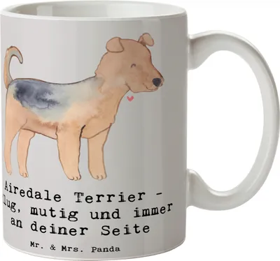 Produktbild von Mr. & Mrs. Panda Kaffeebecher Airedale Terrier - Grau Pastell - Geschenk, klug, Becher, Keramiktasse, Hundeliebhaber, Hund, robuste Hunderasse, Teetasse, Herzen, Jagdhund
