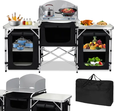 Produktbild von LARS360 174 x 46 x 110 cm Kempingová skrinka Kempingová kuchyňa s hliníkovým rámom s taškou na prenášanie Kuchynská skrinka Cestovná kuchyňa Vonkajšia kempingová kuchyňa Stanová skrinka