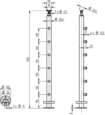 Image de CROSO Poteau préfabriqué pour montage au sol, y compris 6 supports de traverses, acier inoxydable V2A