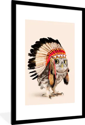 Produktbild von MuchoWow® Gerahmtes Poster Tier - Eule - Indianer - Vogel 60x90 cm - Poster mit Schwarzem Bilderrahmen Wandposter Rahmen Foto Bilder - Dekoration - Wandposter Wohnzimmer - Hochwertig