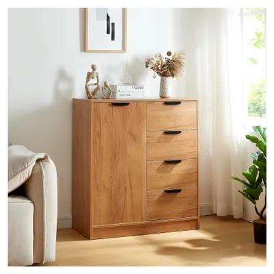 Produktbild von Kommode Varkaus mit 4 Schubladen und einer Tür, 90 x 80 x 40 cm, Eichenoptik