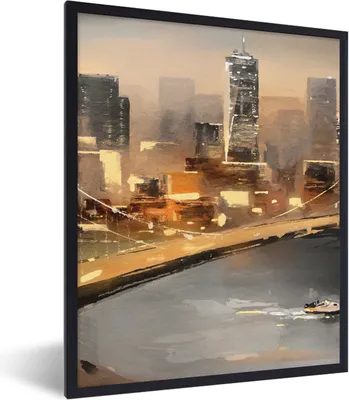 Produktbild von MuchoWow® Gerahmtes Poster Gemälde - Öl - Skyline - Stadt - Wasser 30x40 cm - Poster mit Schwarzem Bilderrahmen Wandposter Rahmen Foto Bilder - Wanddeko - Kunstdrucke