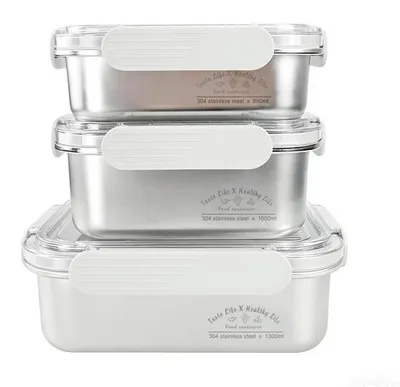 Productafbeelding van Set van 3 Roestvrijstalen Vershouddozen met Deksel, Luchtdicht, 650 ml + 1000 ml + 1300 ml