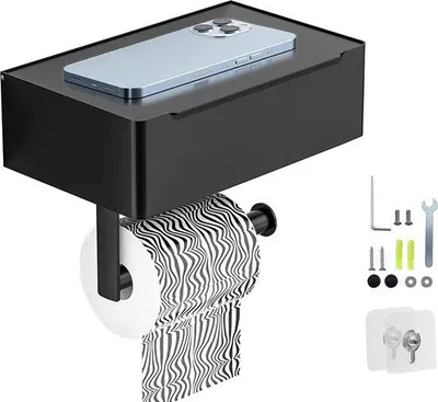 Imagen del producto de Soporte de papel higiénico de pared Unyqoos® con dispensador de toallitas húmedas, fabricado en acero inoxidable, color mate, con superficie de apoyo, antideslizante, y 2 opciones de montaje (con adhesivo y con tornillos)