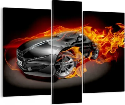 Produktbild von Bild auf Leinwand - Leinwandbild - Sportwagen Feuer Flammen Rauch - 95x80cm - Wand Bild - Wanddeko - Leinwanddruck - Bilder - Kunstdruck - Wanddekoration - Leinwand bilder - Wandkunst - CB95x80-2656