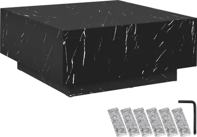 Image de Table basse LASLEY avec pied - Aspect marbre noir, 80 x 80 x 35 cm