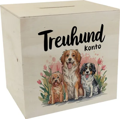 Produktbild von drei niedliche Hunde Spardose aus Holz - Treuhund Konto