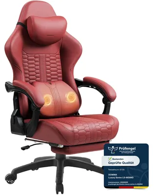 Produktbild von Gaming-Stuhl Big & Tall, Massage-Lendenstütze, Fußstütze, ergonomisch, Kunstleder, 180 kg.Rot