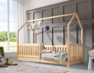 Produktbild von KEF Bett Pola Haus Ebenerdig Einzelbett Kinder – Kinderbett – Lackiert – Höhe 142 cm -  80x180 Mit Rausfallschutz Ohne Matratze