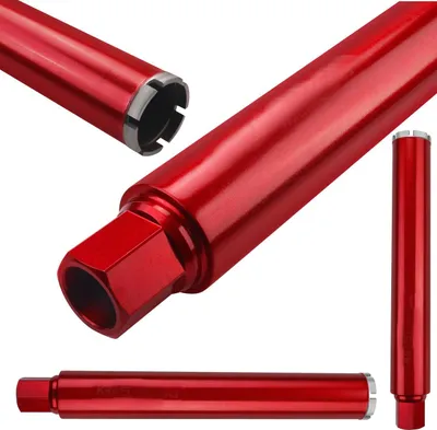 A collage of a red diamond drill bit on a white background.