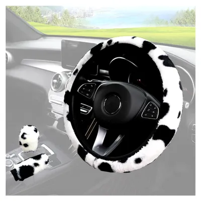 Produktbild von Universal Lenkradabdeckung Kuh Plüsch Winter Lenkradbezug Teleskop Anti Rutsch Auto Lenkradhülle mit Handbremse Schaltabdeckung Warme Auto Lenkradabdeckung für Autoo Zubehör 37-38cm