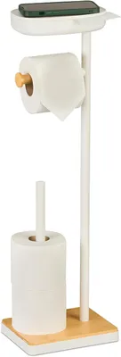 Image de Porte-rouleau de papier toilette sur pied avec étagère - 68 x 20,5 x 16 cm - Blanc/Naturel