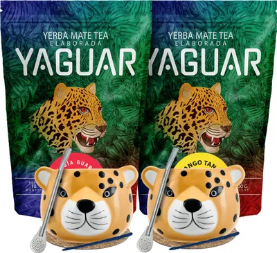 Produktbild von Yaguar - Mate Tee Set Guaraná, Mango Tango 2x500g - 2 x Mate Becher Gatito 300ml - 2x Edelstahl Bombilla - Luftgetrocknet - Yerba Mate Brasilien