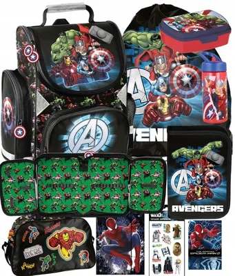 Produktbild von 9tlg AVENGERS Schulranzen set Ranzen Schulrucksack rucksack Federtasche Sportbeutel Trinkflasche Brotdose Notizbuch Einschlagmappe Tattoos Reisetasche