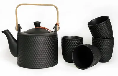 Image de Service à thé en céramique noire mate : 1 théière, 4 tasses