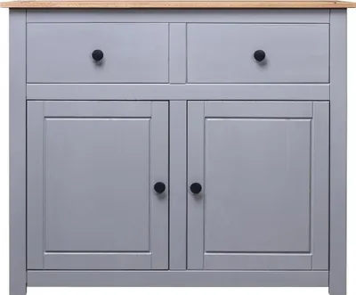 A front view of a gray sideboard with a wooden top.