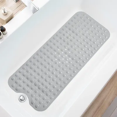 Obrázek produktu pro Extra dlouhá protiskluzová podložka do sprchy s odtokovými otvory a přísavkami - podložka do vany, kterou lze prát v pračce (šedá) Bublinková podložka do vany