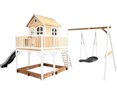 Produktbild von AXI Spielhaus Liam mit Sandkasten, Nestschaukel & grauer Rutsche | Stelzenhaus XXL in Braun & Weiß aus Holz für Kinder | Spielturm mit