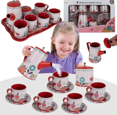 Produktbild von Malplay Teeservice Kaffeeservice Geschirr aus Metall Ergänzung für Spielküche 4 Personen Teller Tassen Tablett Milchkännchen Zuckerdose