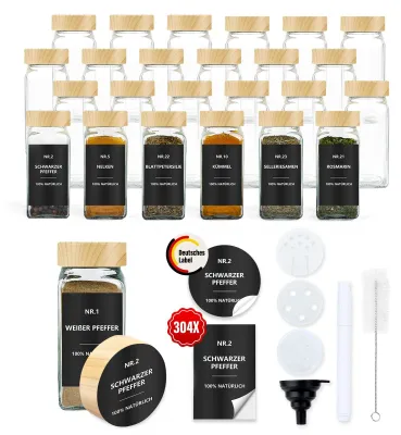 Produktbild von Elzusha – Set aus 24 quadratischen Glasbehältern für Kräuter mit Streueinsatz und Etiketten – 120 ml