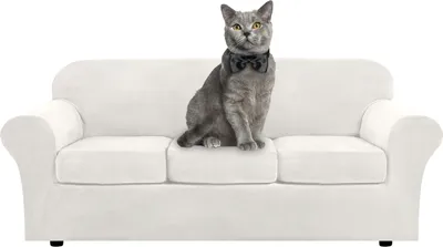 Obrázek produktu pro 4 kusy Stretch Velvet Sofa Cover Nábytek Protector Form Fit Thick Velvet Sofa Cover pro 3 polštáře Couch (3 Seater, White)