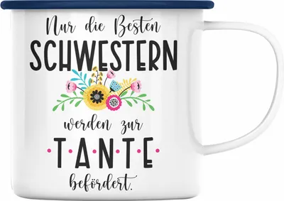 Produktbild von Trendation - Du Wirst Tante Emaille Tasse 2023 Verkündung Schwangerschaft Überraschung Baby Ankündigung Tante (Blau)