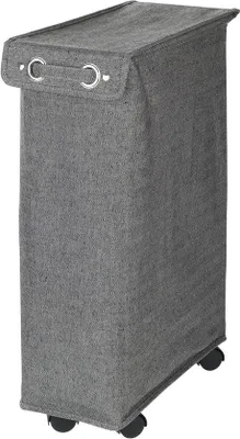 Productafbeelding van Grijze wasmand met deksel, stalen handgrepen en vier wielen, geschikt voor huishoudelijk afval - inhoud: 43 liter - afmetingen: 18,5 x 60 x 0 cm