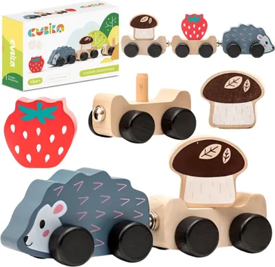 Zdjęcie produktu dla Uroczy Jeż Jeżyk Na Kółkach Magnetyczne Klocki Drewniane Wagoniki Grzybek