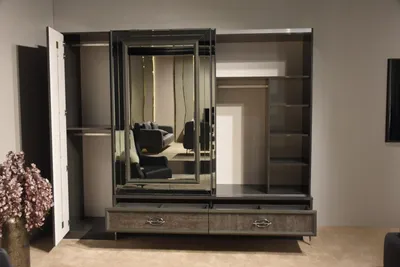 Produktbild von Designer Holz Kleiderschrank mit Spiegeltüren und Schubladen Schlafzimmer