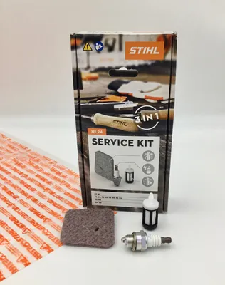 A Stihl service kit is shown, including its packaging and some of its contents.