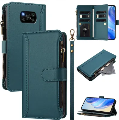 Image de Etui pour Xiaomi Poco X3/Poco X3 NFC, zippé, portefeuille Etui à rabat en cuirPolyuréthaneavec pochettes pour cartes, support et dragonne vert
