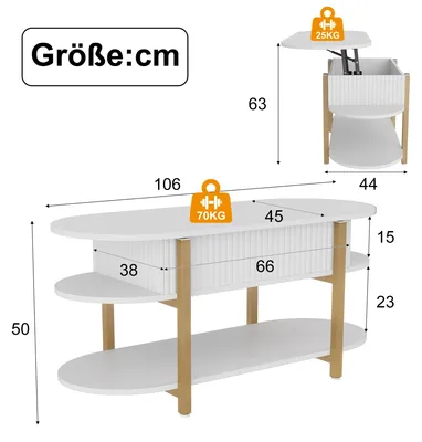 Produktbild von Couchtisch - 2-in-1 mit anhebbbarer Tischplatte - Stauraumfach - Höhe 50 cm - Ovale Form - Holzplatte mit Metallgestell - Weiß