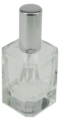Produktbild von Flacon, Quadrat, mit Zerstäuberpumpe + silberner Kappe, für 50 ml, Höhe 11 cm