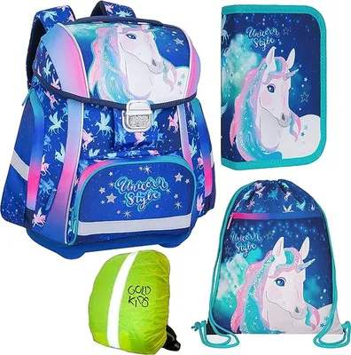 Produktbild von Schulranzen-set Einhorn Unicorn Ranzen Schulranzen Kinderrucksack, Federmappe, Schuhbeutel, Regenschutz Motivdruck Unicorn Einhorn Style 4-teilig
