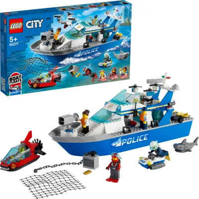 Produktbild von LEGO 60277 City Polizeiboot Spielzeug mit Drohne, Wasserscooter und Mini-U-Boot, Polizei-Verfolgungsfahrzeuge