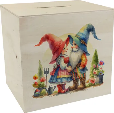 Produktbild von Verliebte Gartenzwerge im Garten Spardose aus Holz