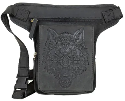 Produktbild von Motorrad Leder Beintasche Herren Biker Tasche Hüfttasche Wolf Prägung (Schwarz)