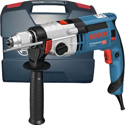 A Bosch hammer drill and its case are displayed against a white background.